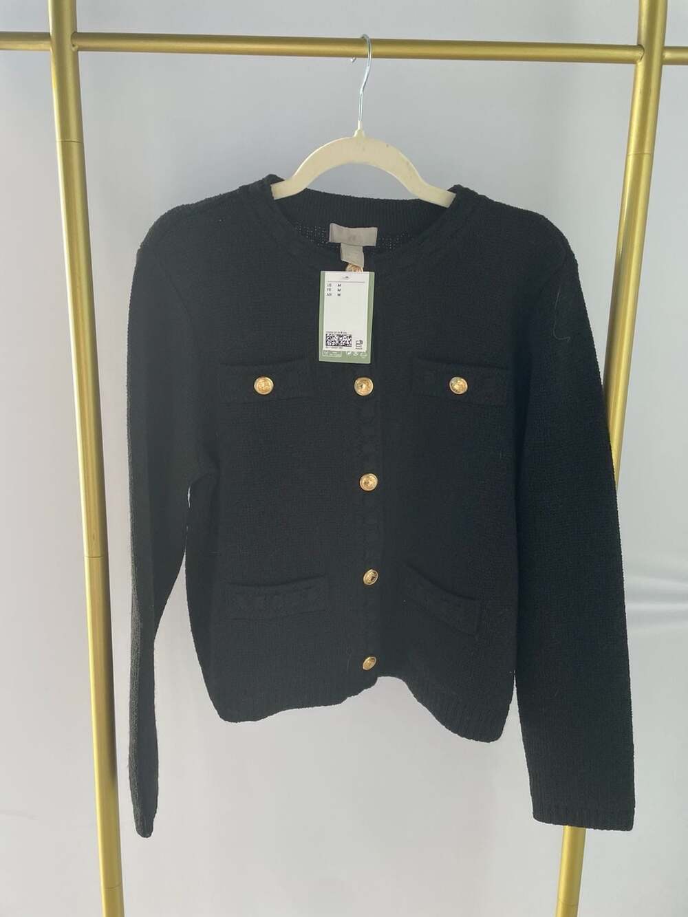 H&M Textured Knit Cardigan Black Gold Buttons